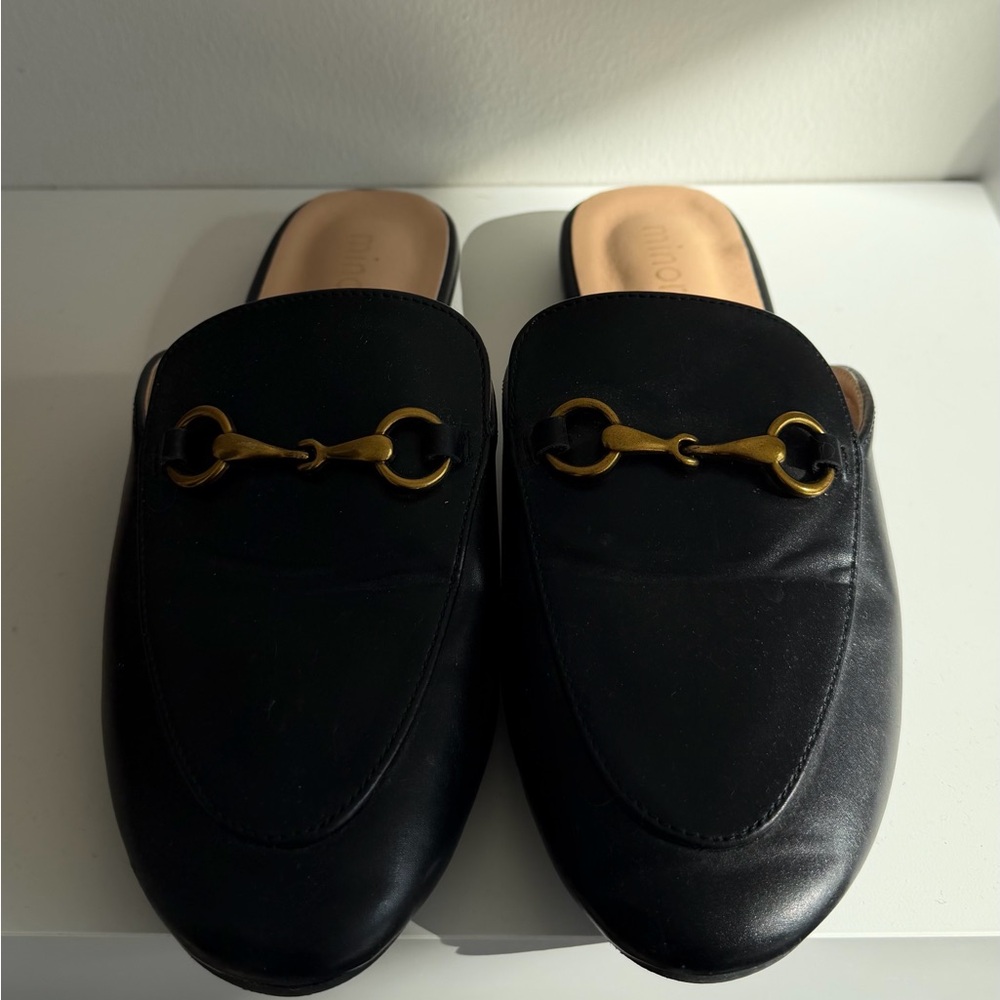 Black Leather Mules with Gold Buckle